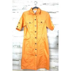Doncaster Womens 6 Vintage Orange Cotton Safari ButtonUp Short Sleeve Midi Dress